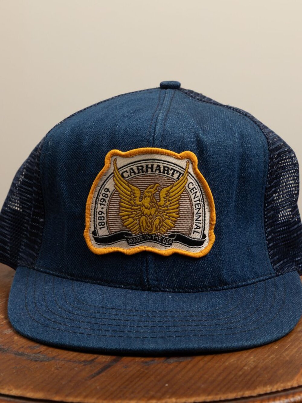 Vintage 1989 Carhartt Centennial Denim Trucker Hat Mesh Snapback USA Made Eagle